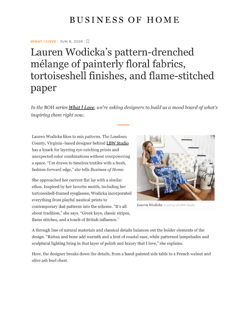 Lauren Wodicka’s pattern-drenched mélange of painterly floral fabrics, tortoiseshell finishes, and flame-stitched paper