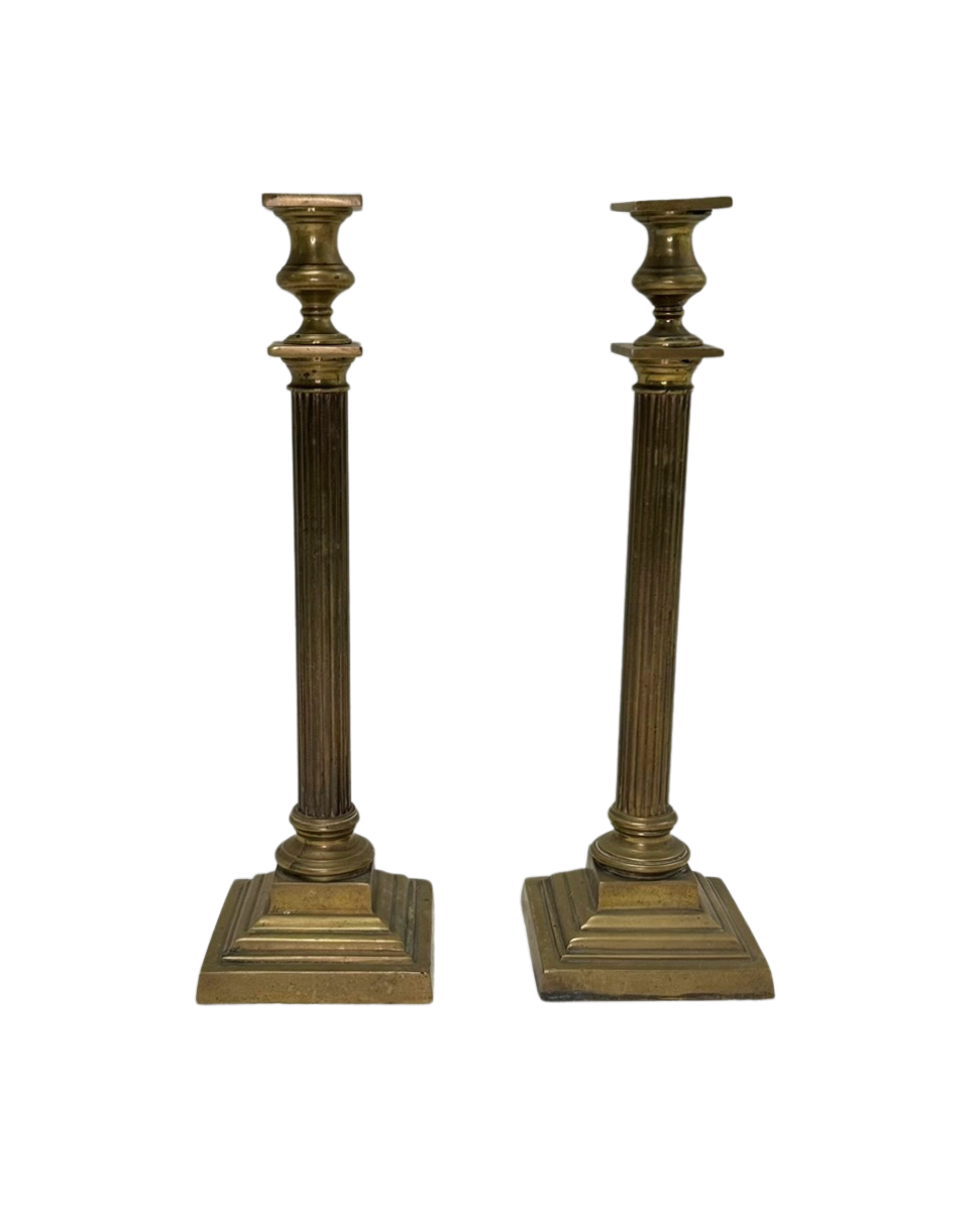 Antique Tall Column Brass Candlesticks